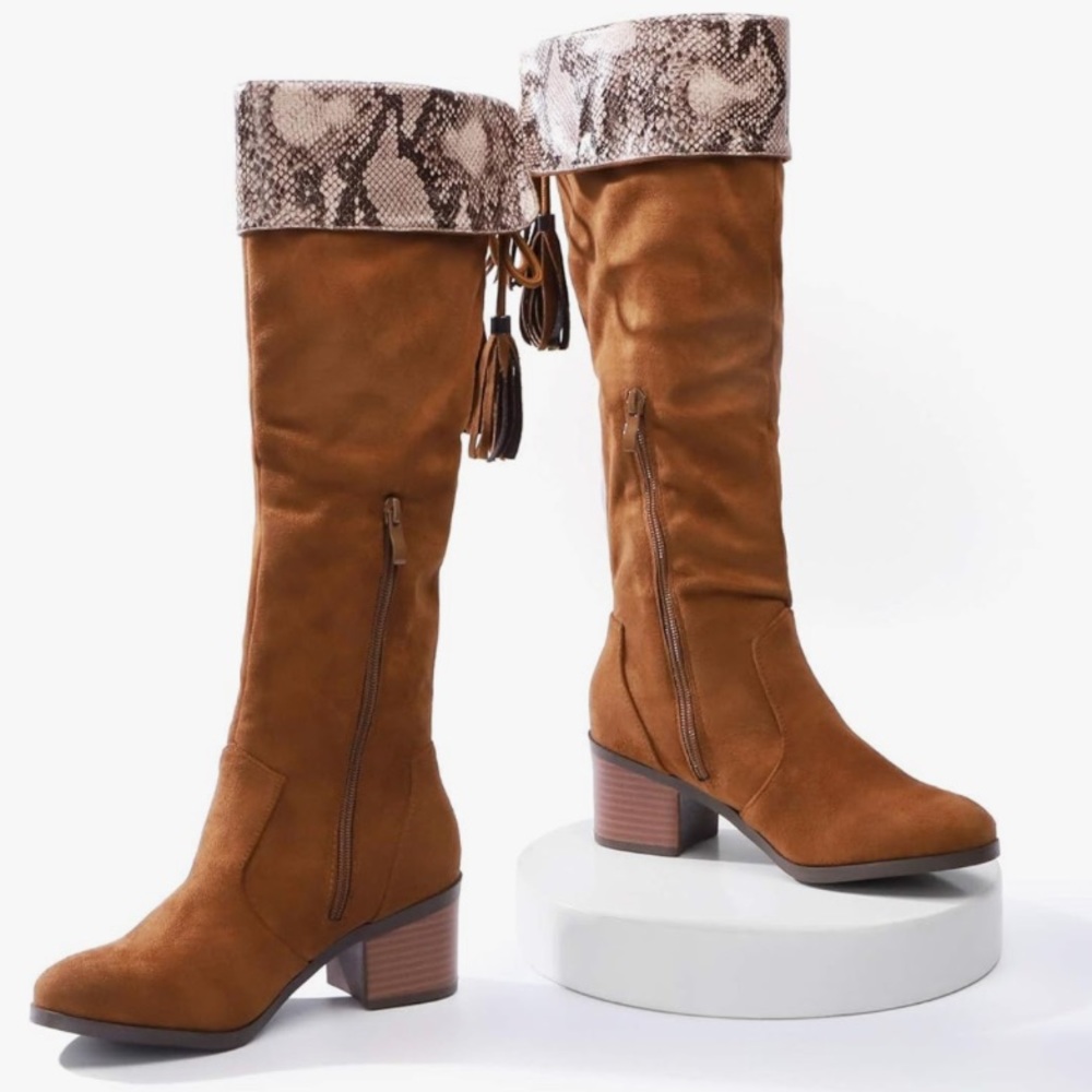 Over the Knee Brown Suede Boots with Snakeskin Inner Fabric, Multiwear Size 8